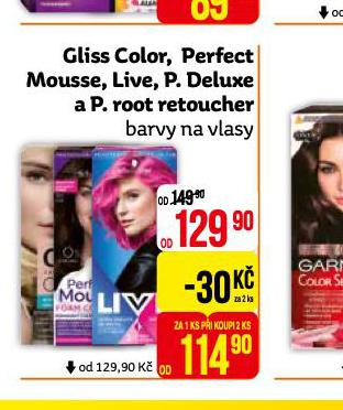 GLISS COLOR, PERFECT MOUSSE, LIVE, P. DELUXE A P. ROOT RETOUCHER BARVY NA VLASY