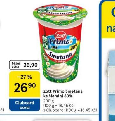 ZOTT PRIMO SMETANA KE LEHN 30%