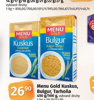 MENU GOLD KUSKUS, BULGUR, TARHOA