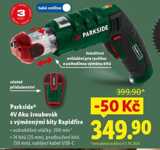 PARKSIDE 4V AKU ROUBOVK S VMNNMI BITY RAPIDFIRE