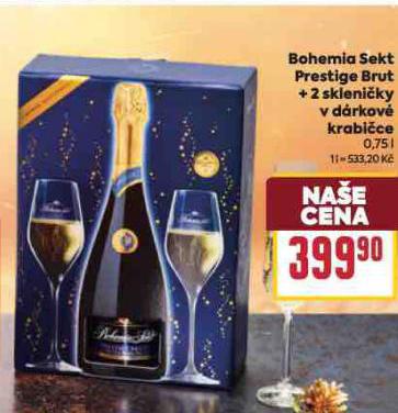 BOHEMIA SEKT PRESTIGE BRUT + 2 SKLENIKY V DRKOV KRABICE