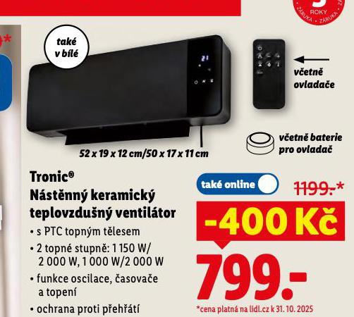 TRONIC NÁSTĚNNÝ KERAMICKÝ TEPLOVZDUŠNÝ VENTILÁTOR