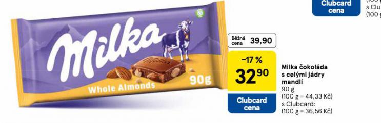 MILKA ČOKOLÁDA S CELÝMI JÁDRY MANDLÍ