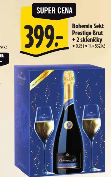 BOHEMIA SEKT PRESTIGE BRUT + 2 SKLENIKY V DRKOV KRABICE