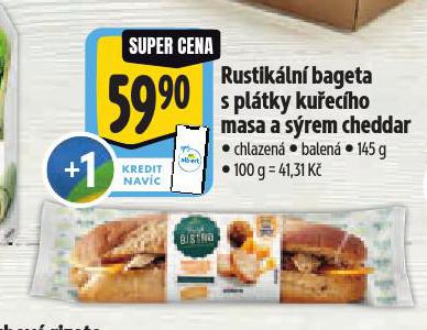 RUSTIKÁLNÍ BAGETA S PLÁTKY KUŘECÍHO MASA A SÝREM CHEDDAR