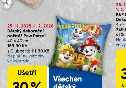 DĚTSKÝ DEKORAČNÍ POLŠTÁŘEK PAW PATROL