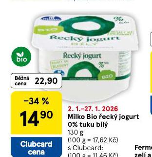 MILKO BIO ŘECKÝ JOGURT 0% TUKU BÍLÝ
