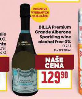 BILLA PREMIUM GRANDE ALBERONE SPARKLING WINE ALCOHOL FREE 0%