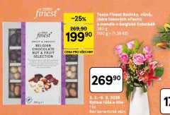 TESCO FINEST ROZINKY, VIŠNĚ, JÁDRA LÍSKOVÝCH OŘECHŮ A MANDLE V BELGICKÉ ČOKOLÁDĚ