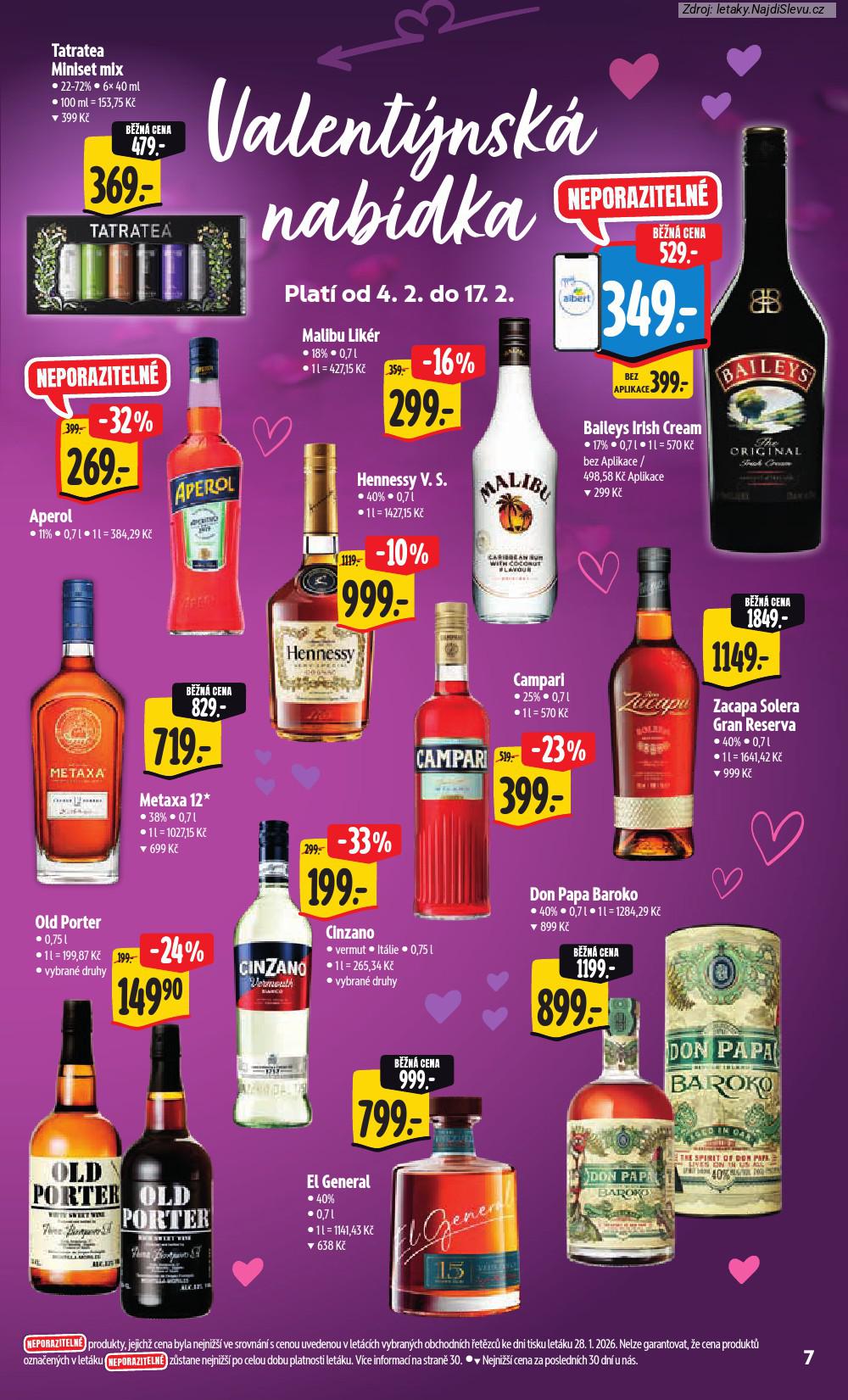 Let�k Albert hypermarket  (4. 2. - 10. 2. 2026) - str. 15: Tatratea Miniset, Aperol 0,7, Malibu Lik�r, Hennessy V.S.