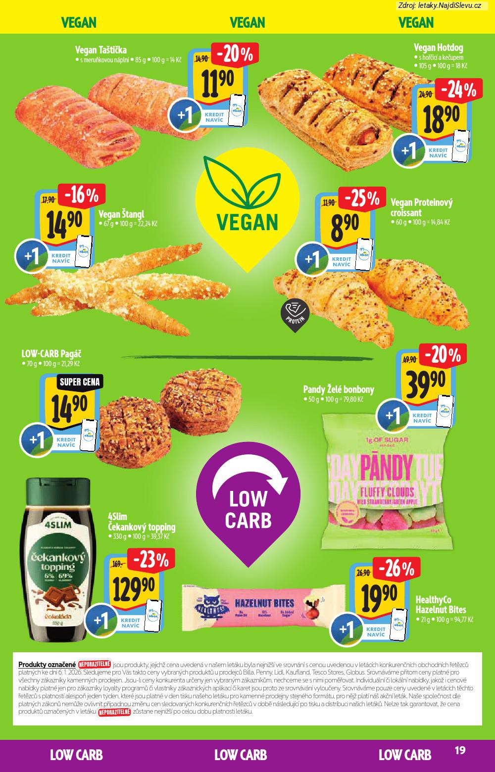 Let�k Albert supermarket  Katalog BIO (14. 1. - 10. 2. 2026) - str. 19: 4Slim �ekankov�, Pandy �el�, Vegan �tangl, Vegan Hotdog