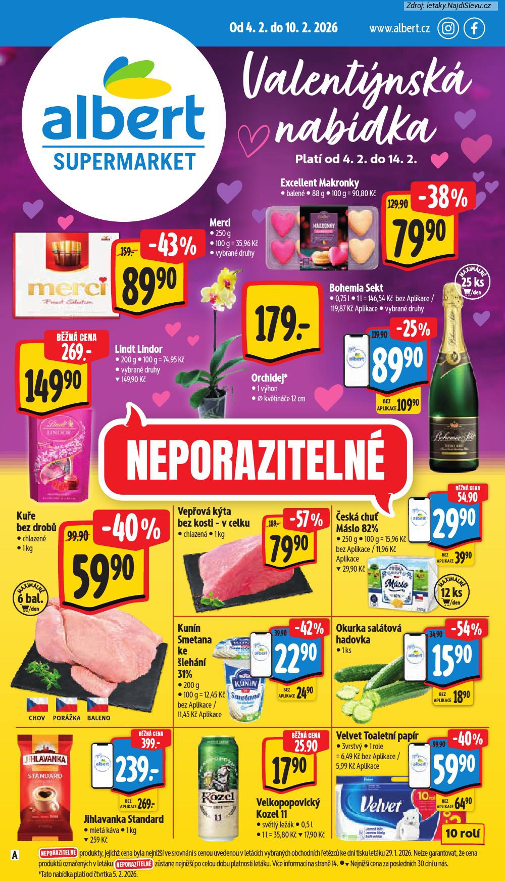 Let�k Albert supermarket  (4. 2. - 10. 2. 2026) - str. 1: MERCI, MAKRONKY, LINDT LINDOR, BOHEMIA SEKT