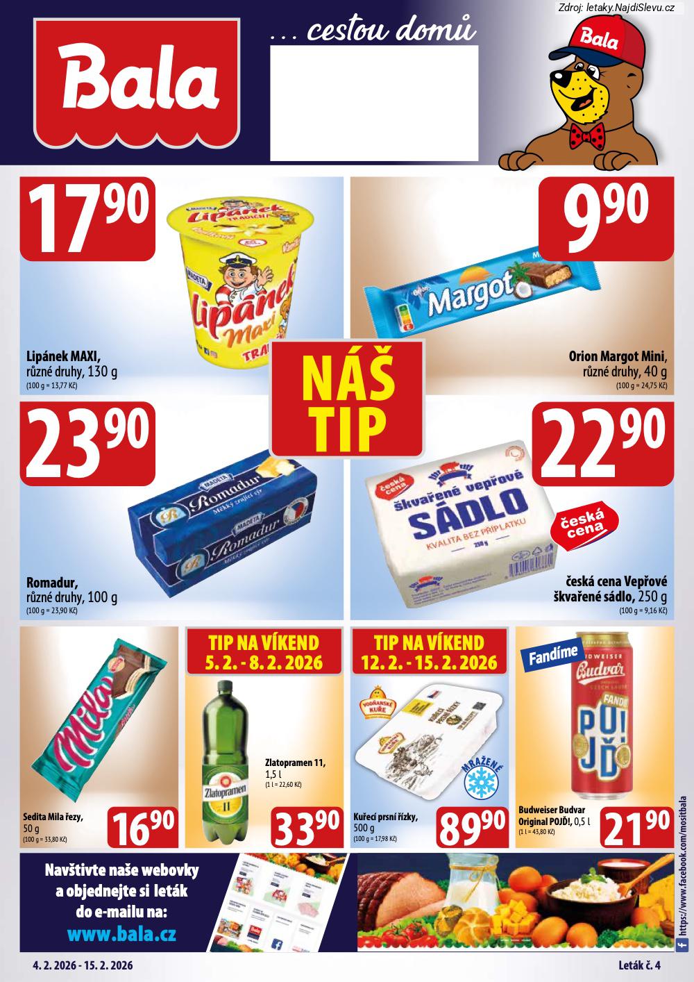 Let�k BALA  (4. 2. - 15. 2. 2026) - str. 1: Lip�nek MAXI,, Orion Margot, Romadur, r�zn�, Vep�ov� �kva�en�