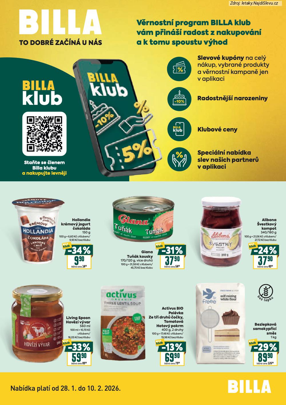 Let�k BILLA  BILLA klub (28. 1. - 10. 2. 2026) - str. 1: Bezlepkov� samokyp��c�, Activus BIO, Living Spoon, Giana Tu��k