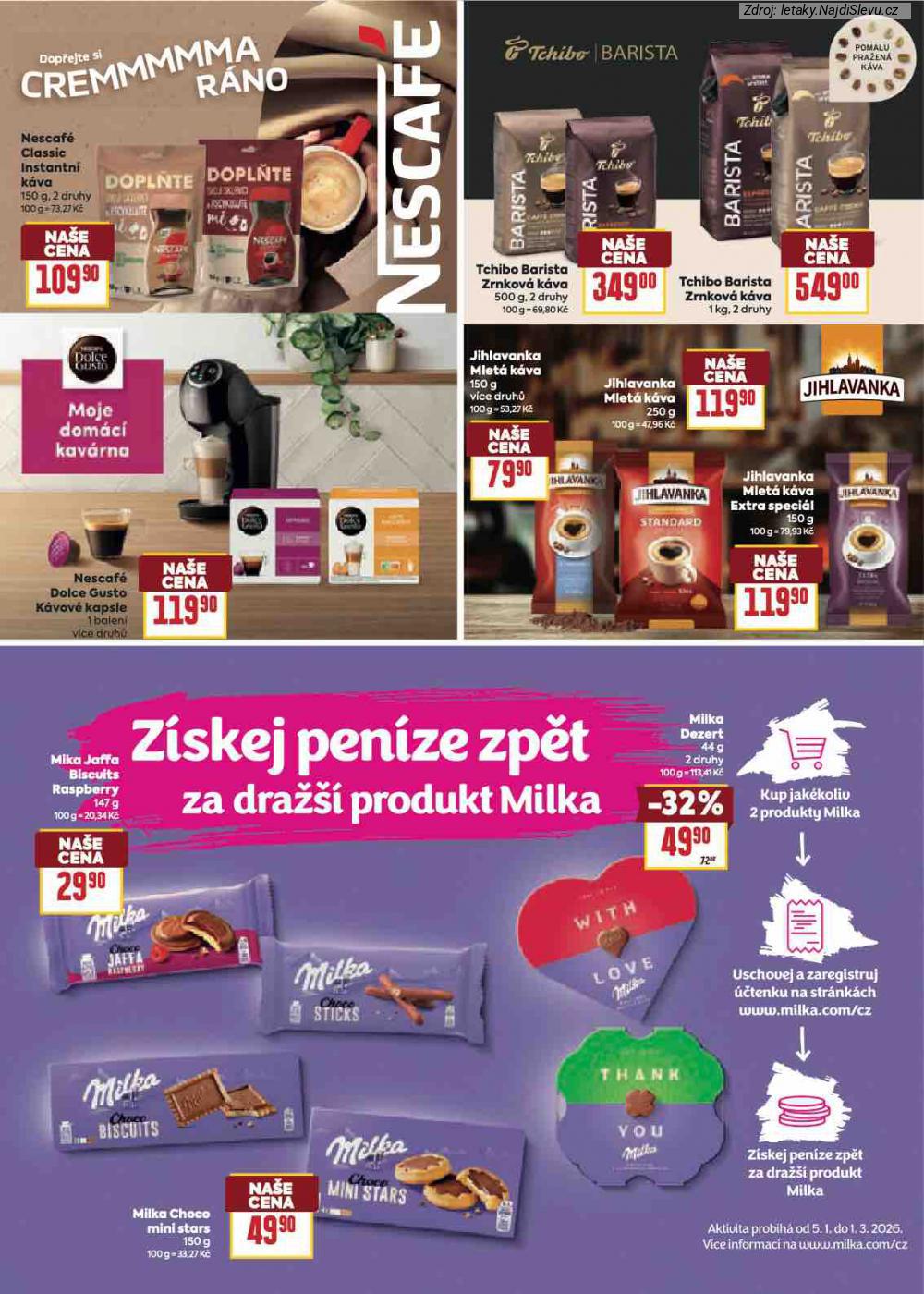Let�k BILLA  Katalog: Va�e obl�ben� zna�ky (4. 2. - 24. 2. 2026) - str. 12: Milka Dezert, Milka Choco, Mika Jaffa, Jihlavanka Mlet�