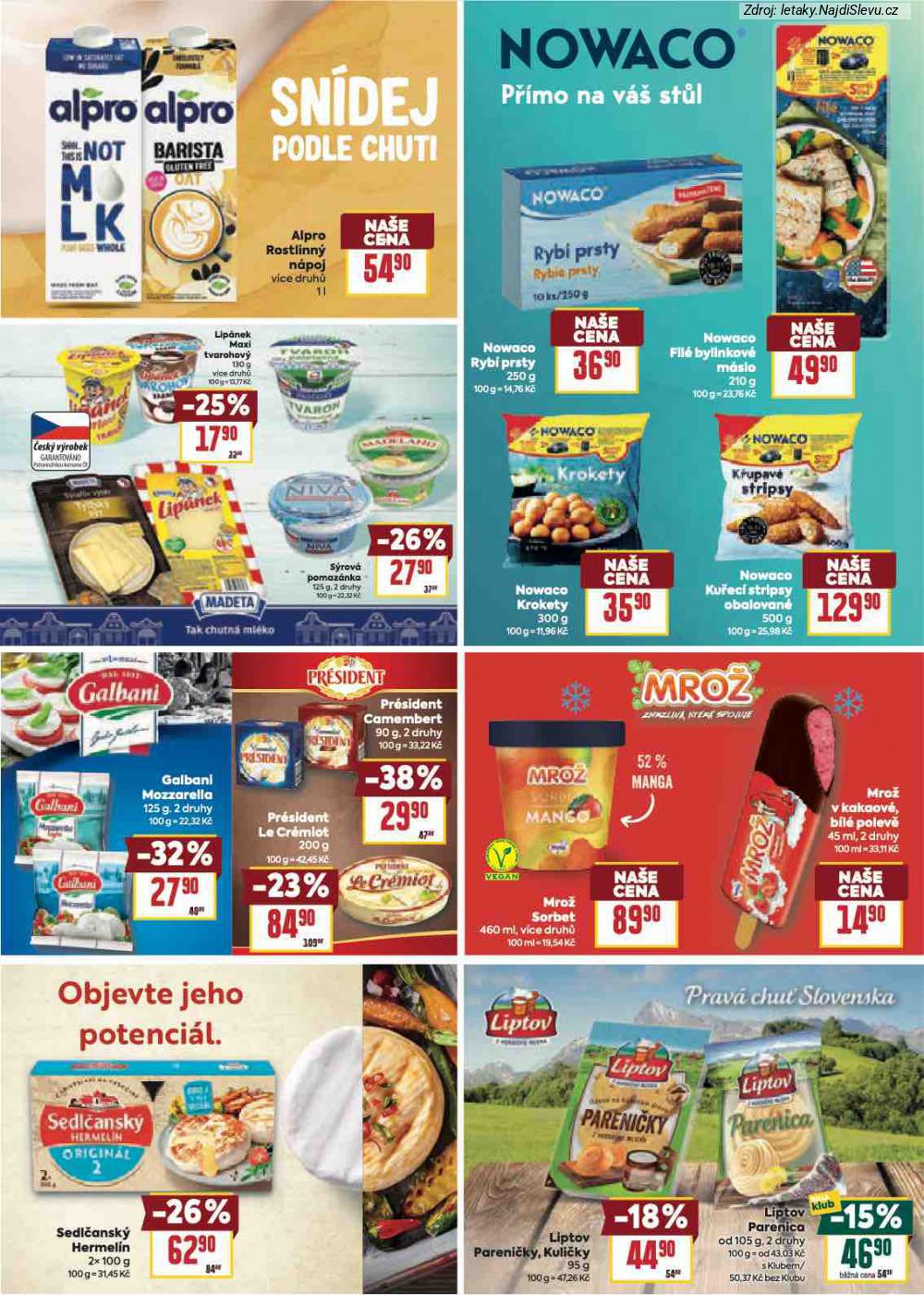 Let�k BILLA  Katalog: Va�e obl�ben� zna�ky (4. 2. - 24. 2. 2026) - str. 7: Liptov Parenica, Sedl�ansk� Hermel�n, Liptov Pareni�ky,, Mro� Sorbet