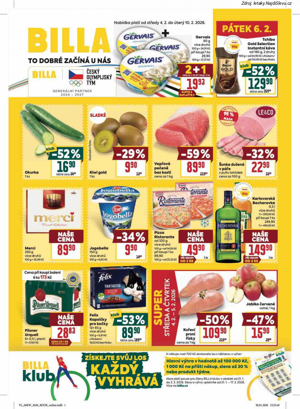 Let�k BILLA  Velk� let�k (4. 2. - 10. 2. 2026) - str. 1: GERVAIS, TCHIBO GOLD, OKURKA, KIWI GOLD