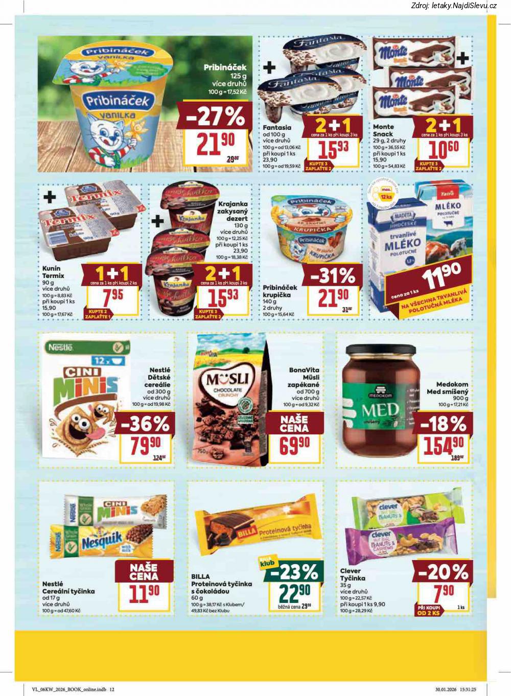 Let�k BILLA  Velk� let�k (4. 2. - 10. 2. 2026) - str. 18: PRIBIN��EK, FANTASIA, MONTE SNACK, KUN�N TERMIX