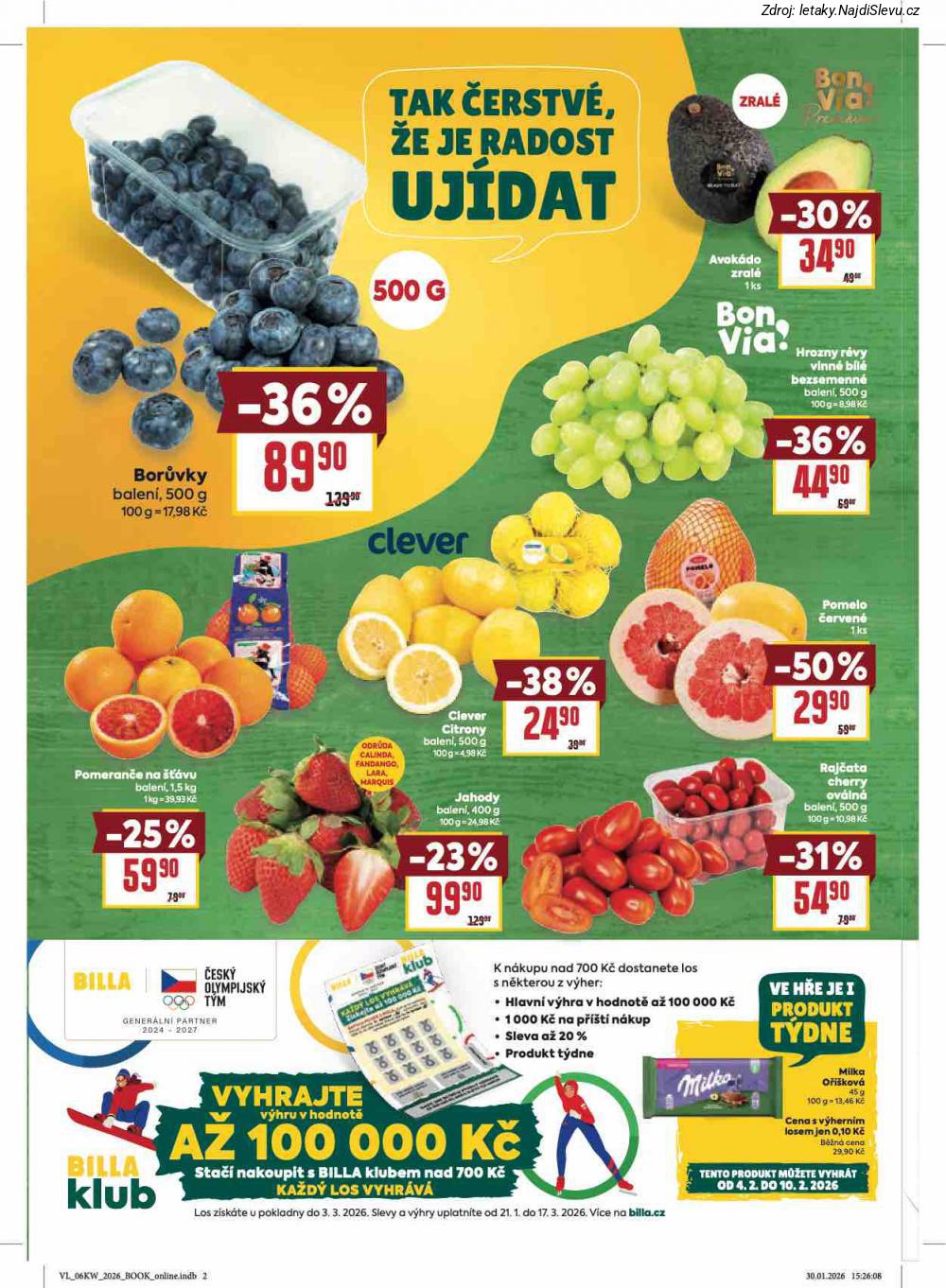 Let�k BILLA  Velk� let�k (4. 2. - 10. 2. 2026) - str. 2: AVOK�DO ZRAL�, BOR�VKY, HROZNY R�VY, POMERAN�E NA
