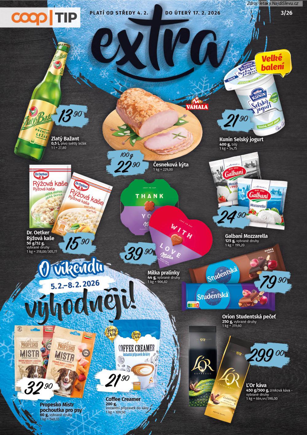 Let�k COOP  COOP TIP (4. 2. - 17. 2. 2026) - str. 1: Zlat� Ba�ant, �esnekov� k�ta, Kun�n Selsk�, Dr. Oetker