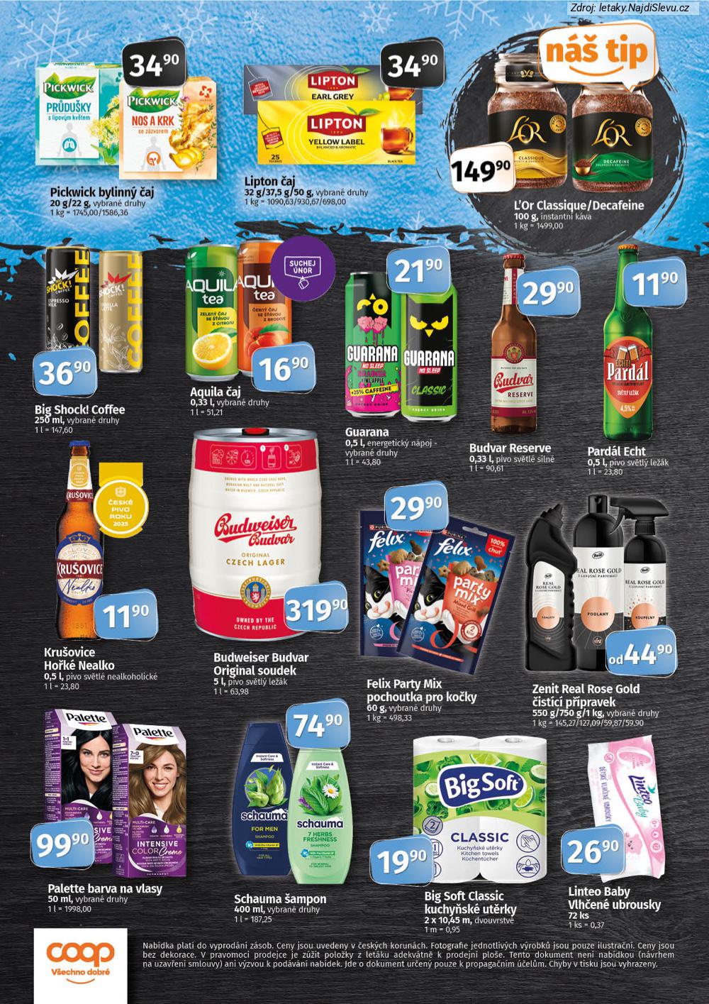 Let�k COOP  COOP TIP (4. 2. - 17. 2. 2026) - str. 4: Pickwick bylinn�, Lipton �aj, L'Or Classique/Decafeine, Big Shock!