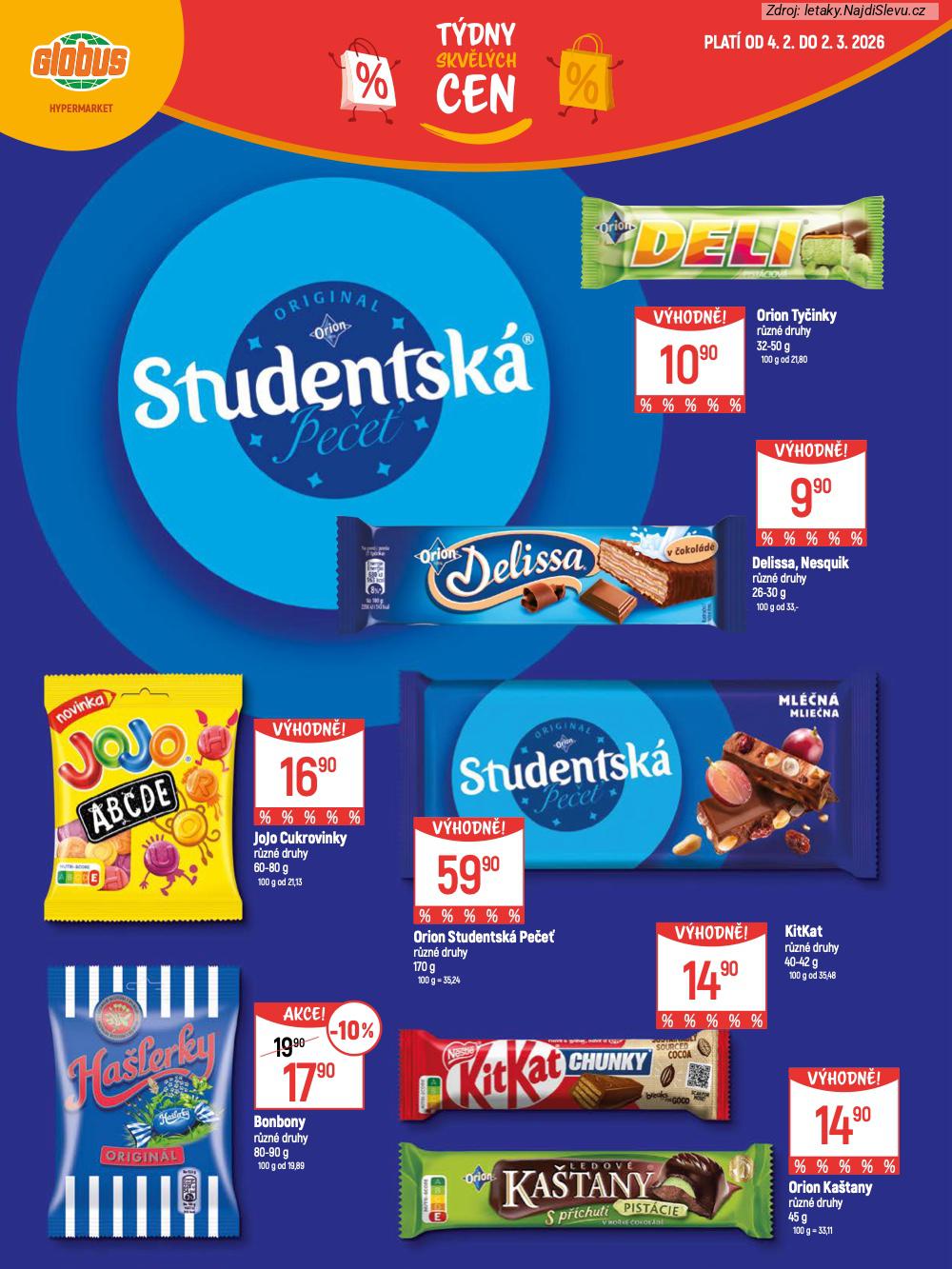 Let�k Globus  Katalog (4. 2. - 2. 3. 2026) - str. 14: JoJo Cukrovinky, Orion Ty�inky, Delissa Nesquik, Bonbony r�zn�