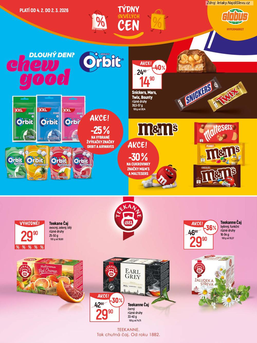 Let�k Globus  Katalog (4. 2. - 2. 3. 2026) - str. 15: Teekanne �aj, M&M�s Maltesers, Snickers Mars, Orbit Airwaves
