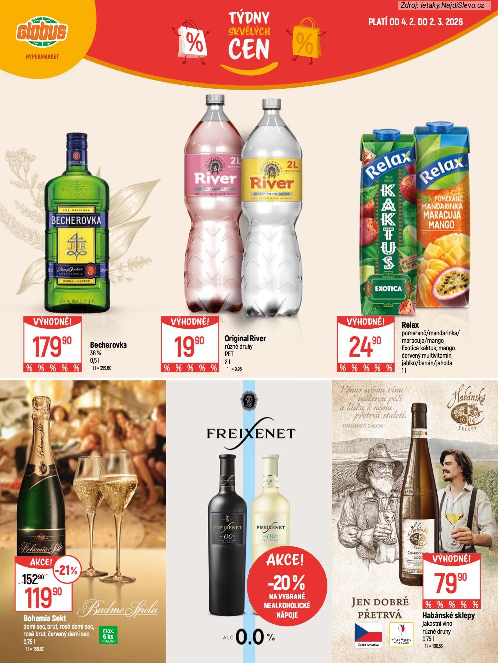 Let�k Globus  Katalog (4. 2. - 2. 3. 2026) - str. 18: Freixenet nealkoholick�, Hab�nsk� sklepy, Bohemia Sekt, Becherovka 38%