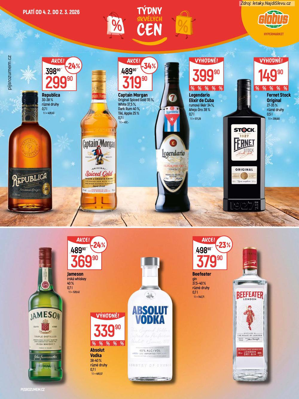 Let�k Globus  Katalog (4. 2. - 2. 3. 2026) - str. 19: Beefeater gin, Absolut Vodka, Jameson irsk�, Fernet Stock