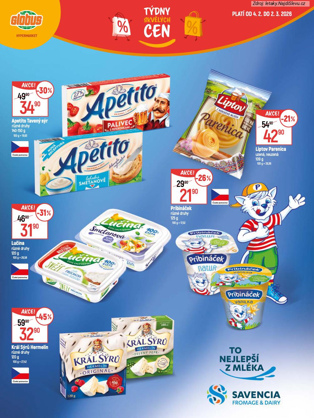 Let�k Globus  Katalog (4. 2. - 2. 3. 2026) - str. 4: Kr�l S�r�, Pribin��ek r�zn�, Apetito Taven�, Lu�ina r�zn�
