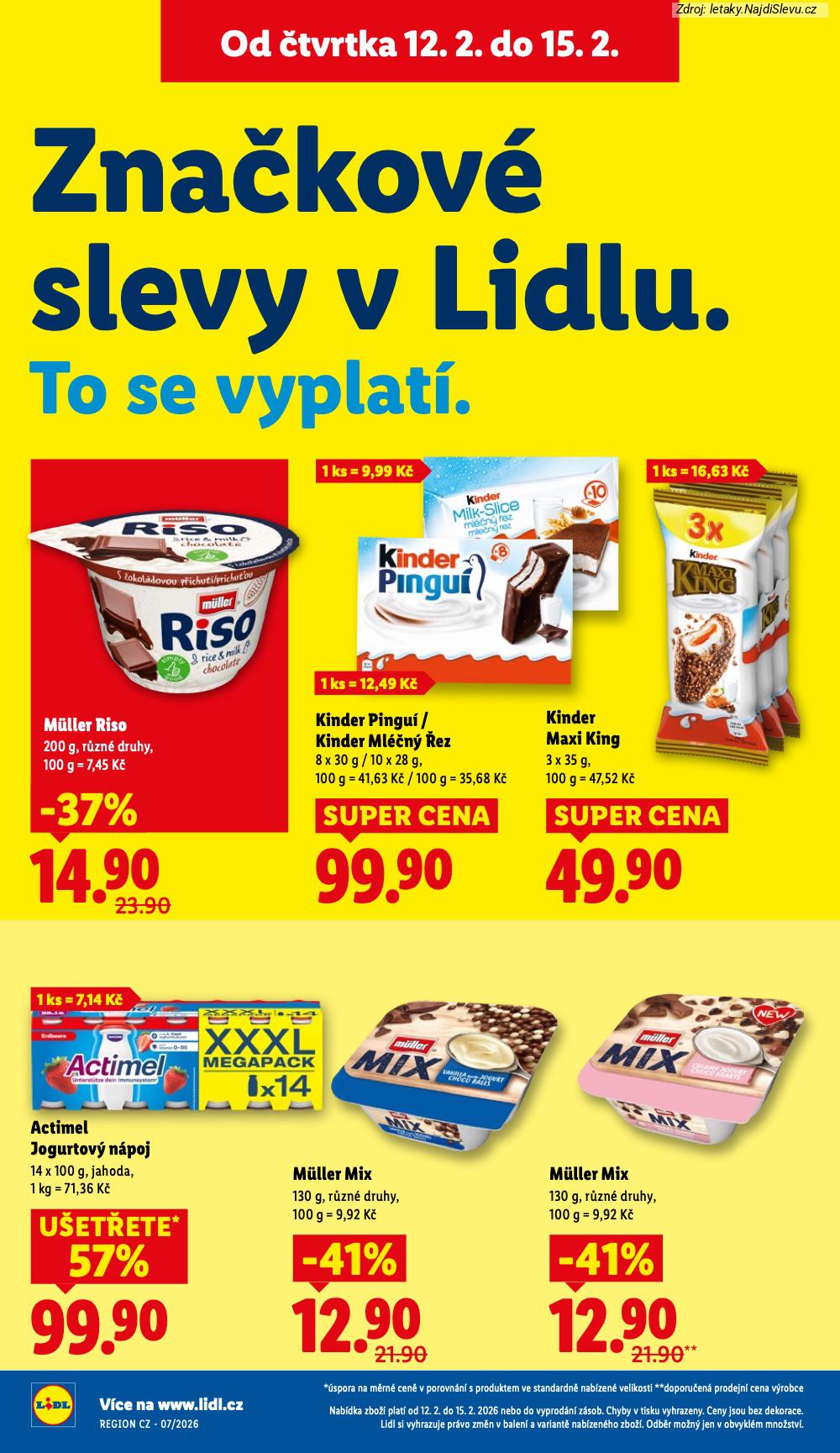 Let�k Lidl  (12. 2. - 15. 2. 2026) - str. 20: M�LLER MIX, ACTIMEL JOGURTOV�, KINDER MAXI, KINDER ML��N�