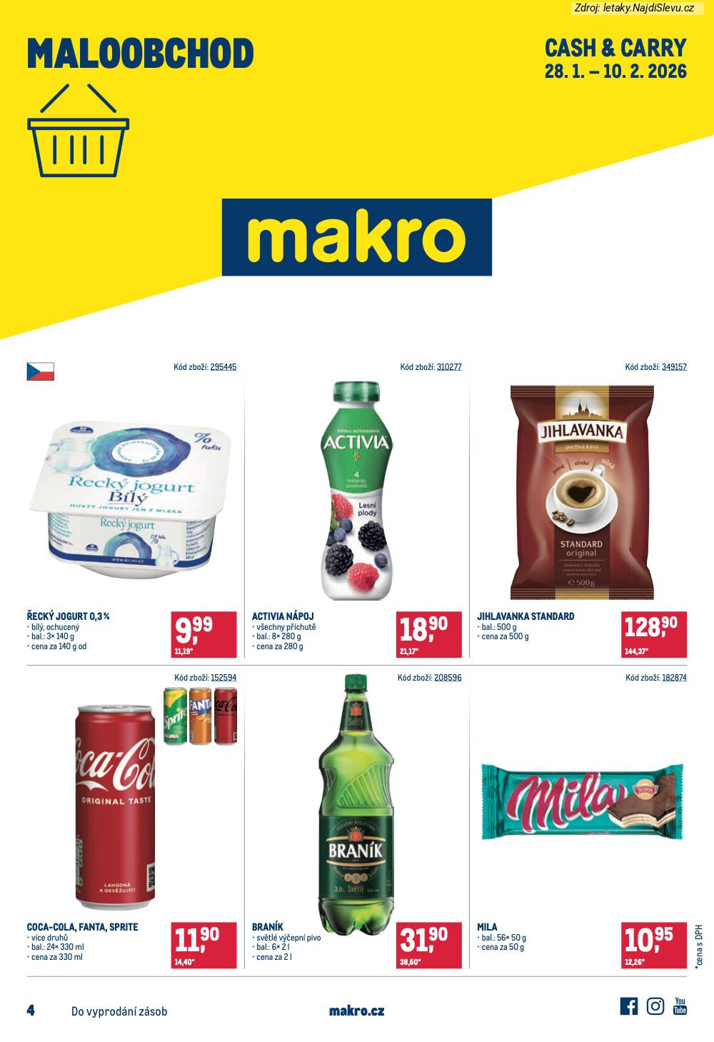 Let�k Makro  Maloobchod (28. 1. - 10. 2. 2026) - str. 1: �eck� jogurt, Activia n�poj, Jihlavanka Standard, Coca-Cola, Fanta,