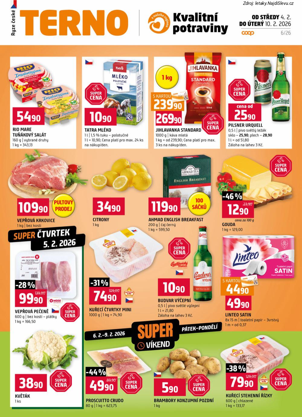 Let�k TERNO  (4. 2. - 10. 2. 2026) - str. 1: Ku�ec� stehenn�, Proscuitto Crudo, Brambory konzumn�, Budvar V��epn�