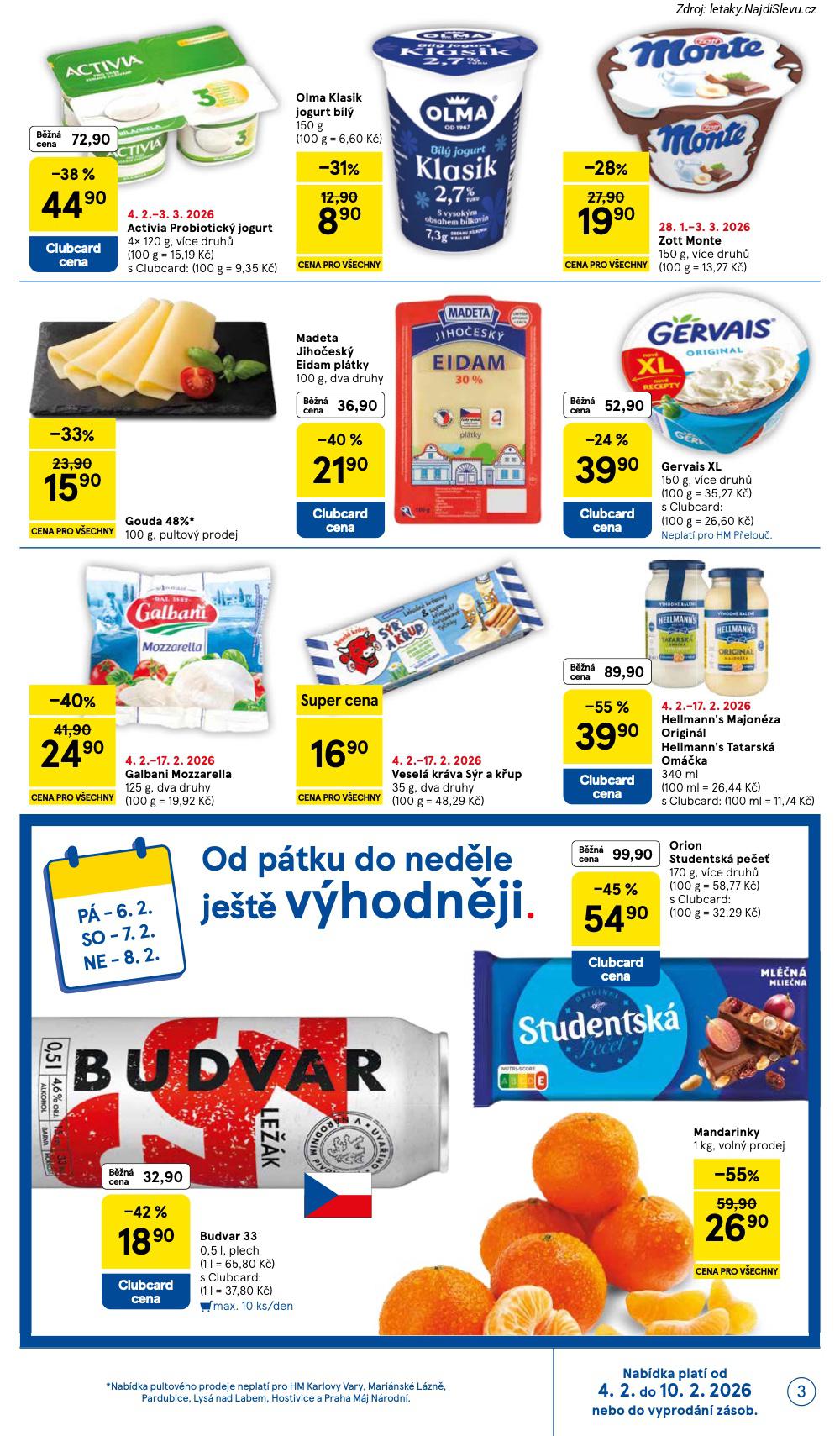 Let�k Tesco  Hypermarkety (4. 2. - 10. 2. 2026) - str. 3: PIVO BUDVAR, MANDARINKY, HELLMANN�S TATARSK�, ORION STUDENTSK�