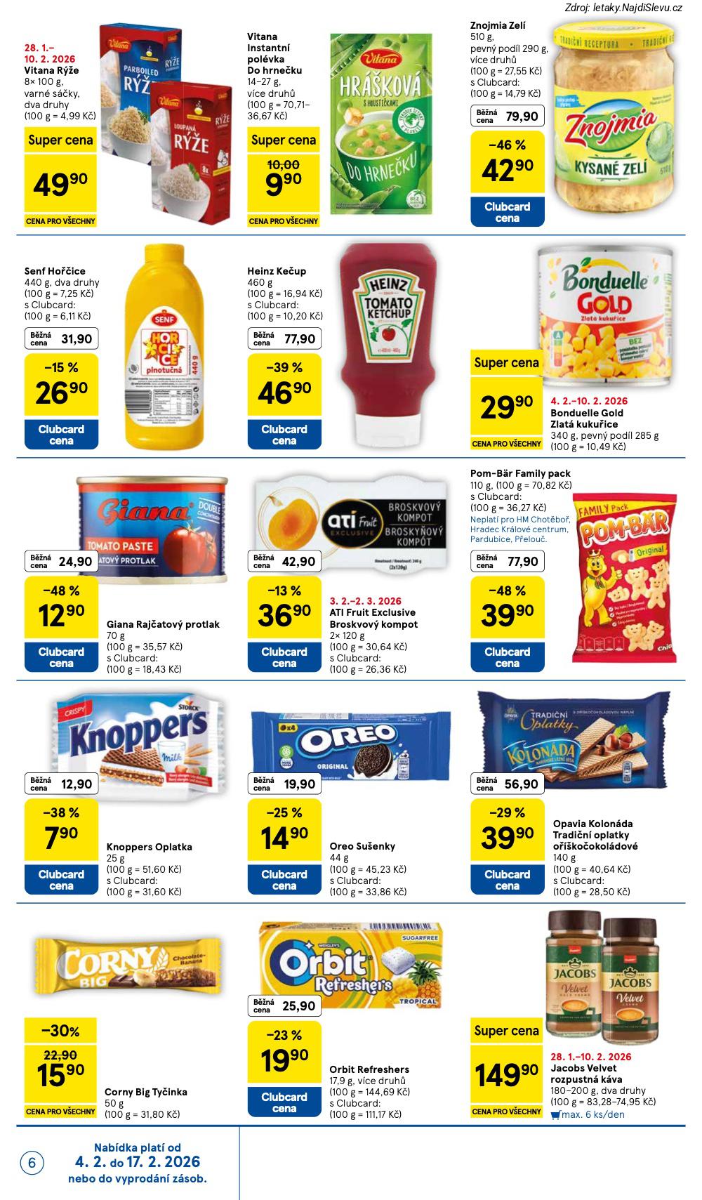 Let�k Tesco  Hypermarkety (4. 2. - 10. 2. 2026) - str. 6: CORNY BIG, ORBIT REFRESHERS, JACOBS VELVET, OPAVIA KOLON�DA