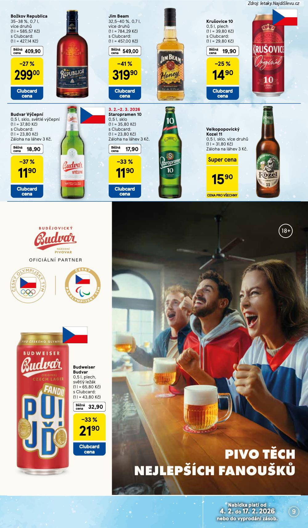 Let�k Tesco  Hypermarkety (4. 2. - 10. 2. 2026) - str. 9: PIVO BUDWEISER, PIVO VELKOPOPOVICK�, PIVO STAROPRAMEN, JIM BEAM
