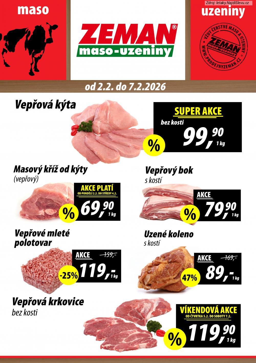 Let�k ZEMAN maso - uzeniny  Praha, Plze�, Karlovy Vary, B�l� pod Bezd�zem, B�lina, D���n, Dok... (2. 2. - 7. 2. 2026) - str. 1: VEP�OV� KRKOVICE, VEP�OV� MLET�, UZEN� KOLENO, VEP�OV� BOK